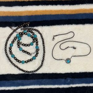 Faux Navajo Pearls Set and Lariat Turquoise Necklace